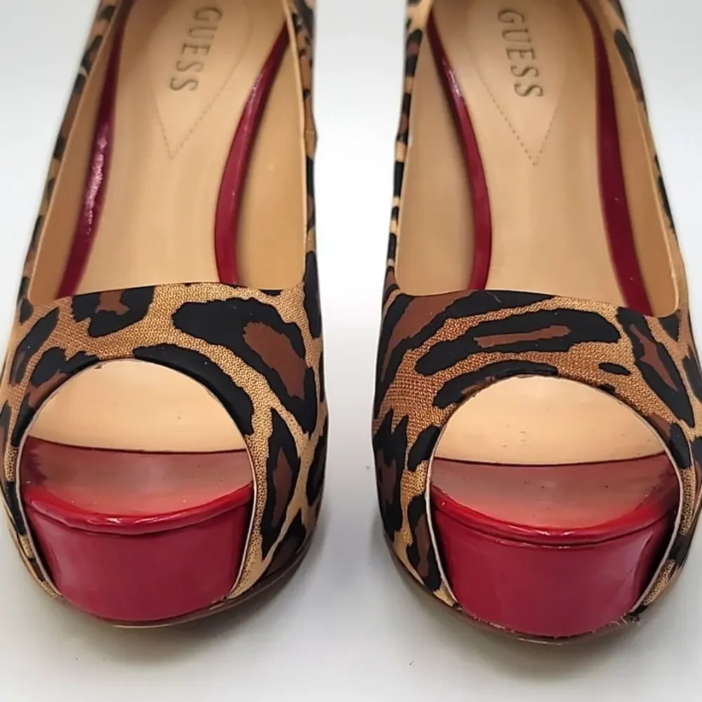GUESS sz8.5 Patches Leopard Cheetah red Patent platform stiletto peep to…